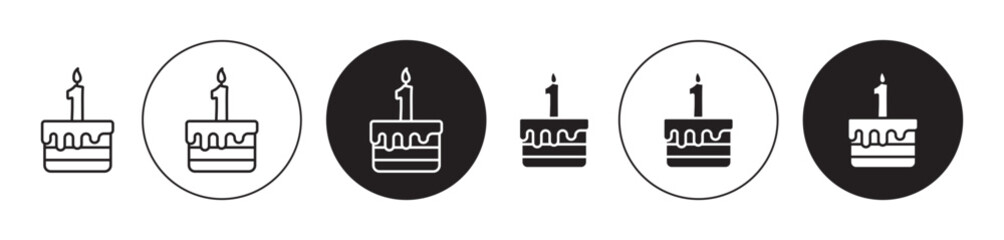 Happy first birthday icon set. anniversary cake with 1 candle vector symbol. one candle cake icon in black filled and outlined style.
