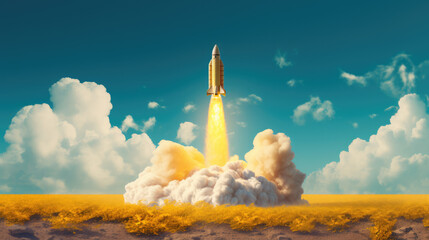 Rocket launching amidst a vibrant yellow flower field under a clear blue sky with fluffy clouds. 3D illustration of space exploration and nature's beauty convergence.