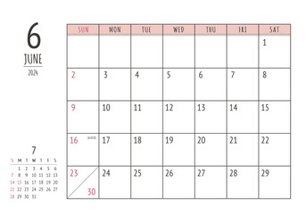 2024年 6月 シンプル書き込みカレンダー