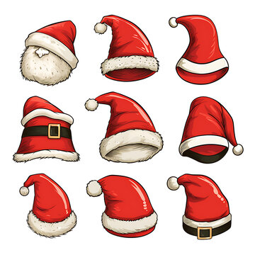 Christmas hand-drawn Santa Claus hat collection set on a white background.