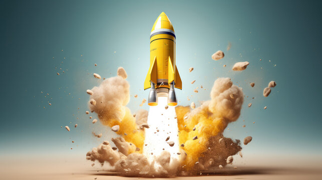 Dynamic yellow rocket launch with fiery explosion, soaring amidst floating debris and smoke against a gradient blue sky backdrop, symbolizing innovation and space exploration.