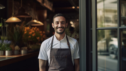 Smiling male barista with apron in a modern cafe interior, showcasing tattoos and a warm ambiance with plants.