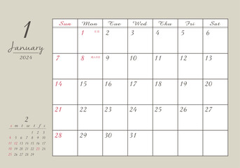 2024年 1月 おしゃれ書き込みカレンダー
