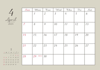 2024年 4月 おしゃれ書き込みカレンダー