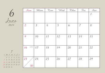 2024年 6月 おしゃれ書き込みカレンダー - obrazy, fototapety, plakaty