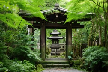 a shinto shrine hidden in a bamboo grove