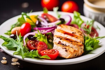 Grilled chicken breast with tomatoes, red pepper, organic green and kalamata olives. - obrazy, fototapety, plakaty