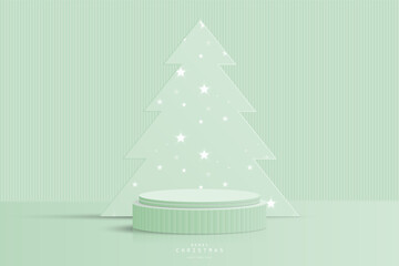 Abstract green 3D cylinder podium pedestal realistic with glowing star pattern or neon star light bulb on Christmas tree backdrop. Christmas scene for product mockup. 3D vector geometric form design