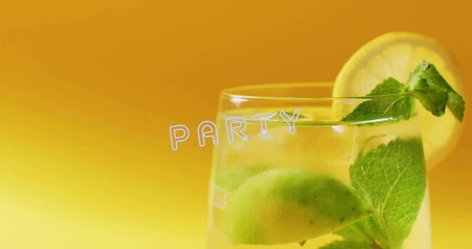 Animation of party neon text and cocktail on yellow background