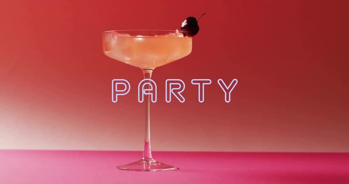 Animation of party neon text and cocktail on pink background