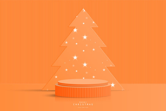 Abstract orange 3D cylinder podium pedestal realistic with glowing star pattern or neon star light bulb on Christmas tree backdrop. Christmas scene for product mockup. 3D vector geometric form design