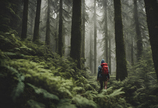 An image of an adventurous hiker amidst a dense forest.