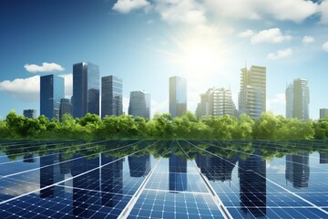Fototapeta premium Solar panels in aerial view. Eco-technology of solar power plants in solar power plants with city background. alternative electricity source - concept of sustainable resources