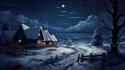 Christmas Night in Village. Snow Man, Ice Mountain,  Snow Houses.Concept Art Scenery. Character Design Concept Art Book Illustration Video Game Digital Painting. CG Artwork Background. Generative AI
 - obrazy, fototapety, plakaty