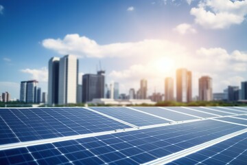 Solar panels in aerial view. Eco-technology of solar power plants in solar power plants with city background. alternative electricity source - concept of sustainable resources