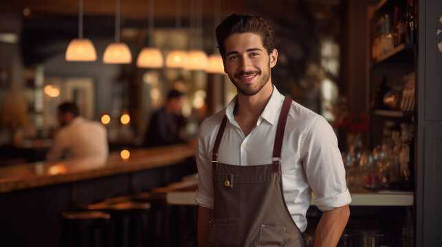 Handsome waiter smiling in a modern upscale bar setting with ambient lighting, shelves of drinks, and customer interaction in the background. Professional hospitality concept.