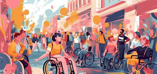 People in wheelchair on festival party on city street