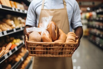 Man holding shopping basket with bread and milk groceries in supermarket.