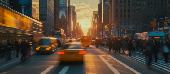 timelapse of busy urban downtown sunset city crowd people commuter transportation intersection...