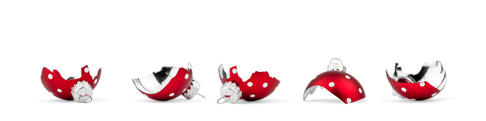 Shattered Christmas bauble on white background. Christmas ball fragments.