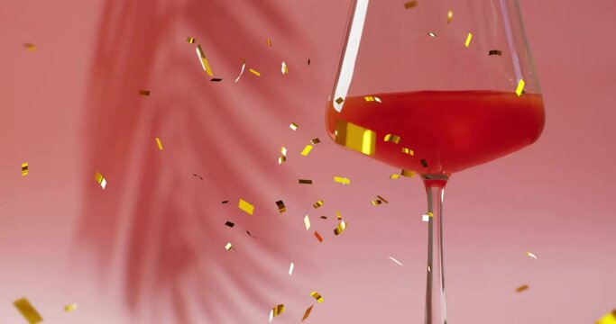 Animation of confetti falling and cocktail on pink background