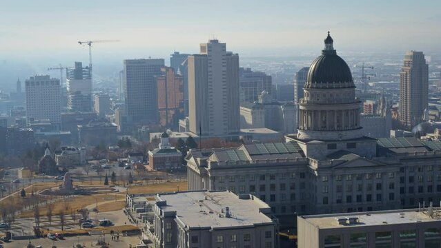 View Of Utah Capitol Building - Drone Backwards Shot