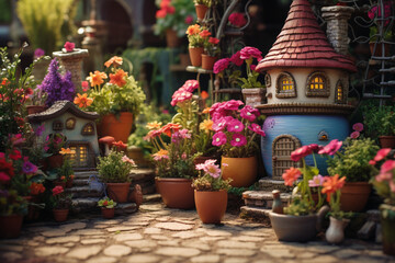 Fototapeta na wymiar flowers in the garden and tiny house