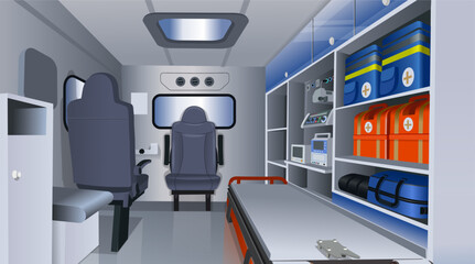 Ambulance with open doors. Inside view of ambulance isolated on a white background. © NADEZHDA
