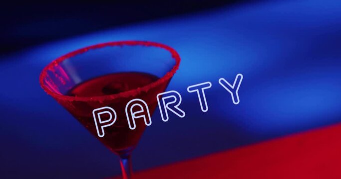 Animation of party text and cocktail on blue to red background