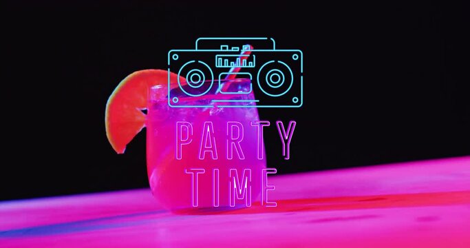 Animation of party time neon text and cocktail on pink and black background