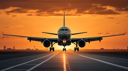 Obraz premium Airplane on the runway at sunset. Concept of travel and business