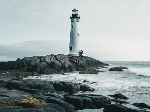 A lonely lighthouse stands tall amidst crashing waves, overlooking the vast, endless ocean.