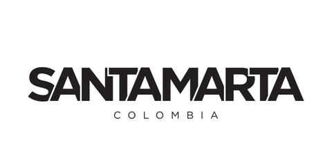 Santa Marta in the Colombia emblem. The design features a geometric style, vector illustration with bold typography in a modern font. The graphic slogan lettering.