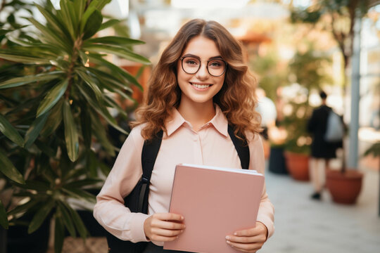 Happy female student looking at the camera smiling and holding a notebook - education concepts