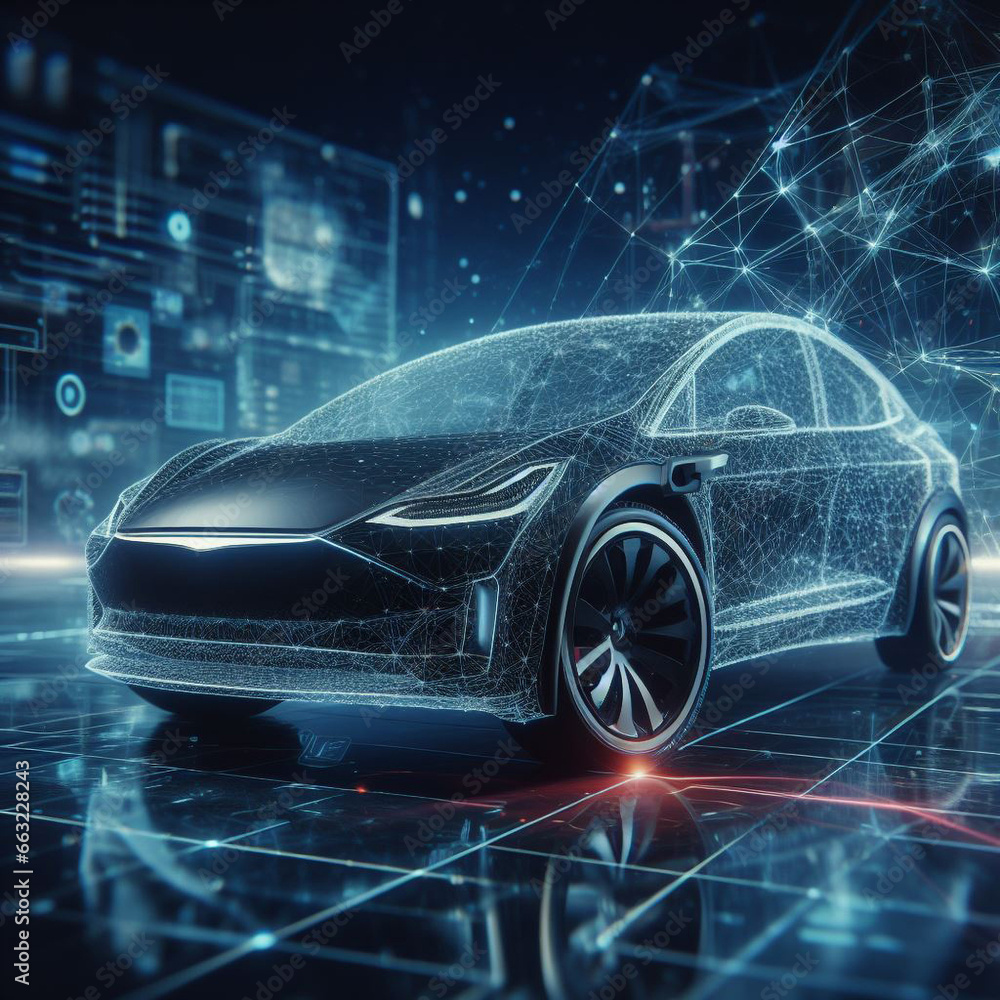 Wall mural Futuristic black electric car with holographic wireframe digital technology background, a glimpse into the future of transportation.