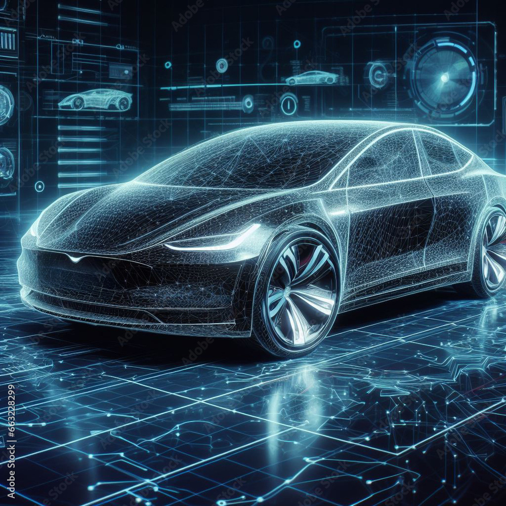 Wall mural Futuristic black electric car with holographic wireframe digital technology background, a glimpse into the future of transportation.