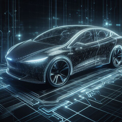Obraz na płótnie Canvas Futuristic black electric car with holographic wireframe digital technology background, a glimpse into the future of transportation.