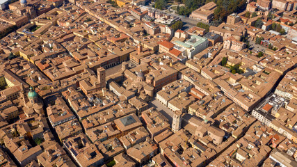 Aerial view of the historic center of Reggio Emilia, Italy. The Old Town develops along the ancient...