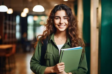 Fotobehang Happy female student looking at the camera smiling and holding a notebook - education concepts © alisaaa