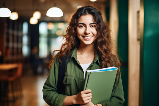 Happy female student looking at the camera smiling and holding a notebook - education concepts