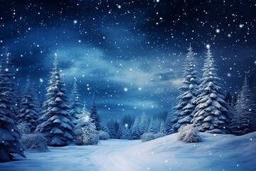 Fototapeta na wymiar Forest on a mountain ridge covered with snow. milky way in a starry sky. christmas winter night, generative ai