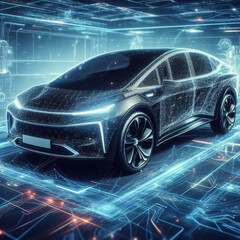 Futuristic black electric car with holographic wireframe digital technology background, a glimpse into the future of transportation.