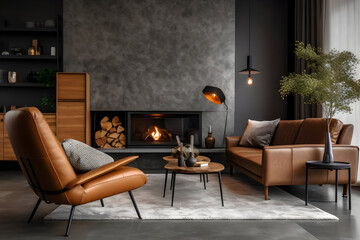 A Modern Living Room Showcasing Brown Leather Chairs, a Grey Sofa, and a Cozy Fireplace, Capturing the Essence of Mid-Century Style Home Interior Design