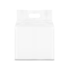 Realistic stand bag with hole handle mockup. Front view. Vector illustration isolated on grey background. Ready for your design. Suite for the presentation of diaper, foods, wet wipe.