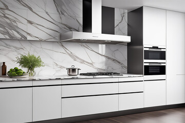 A sleek modern kitchen with stainless steel appliances and marble countertops - Generative AI