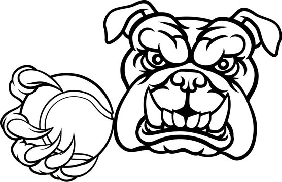 A bulldog dog animal sports mascot holding tennis ball
