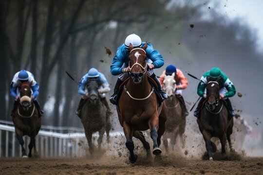 Race hourse taking the lead on the final turn of the race.AI Generated