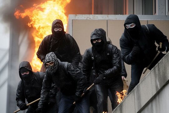 Holigans with masks and fire in the background. AI Generated