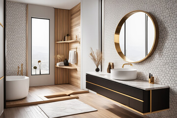 A modern bathroom with hexagon marble tiles floating wood vanity round mirror and brass accent  - Generative AI