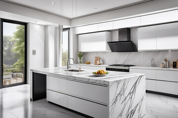 A sleek modern kitchen with white cabinets and marble countertops - Generative AI - obrazy, fototapety, plakaty